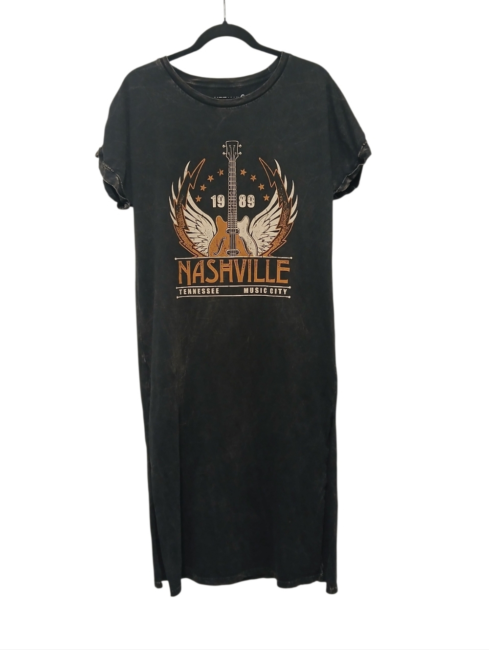 HRT & LUV Nashville Music City T-Shirt Midi Dress, Black Mineral Wash-Size M